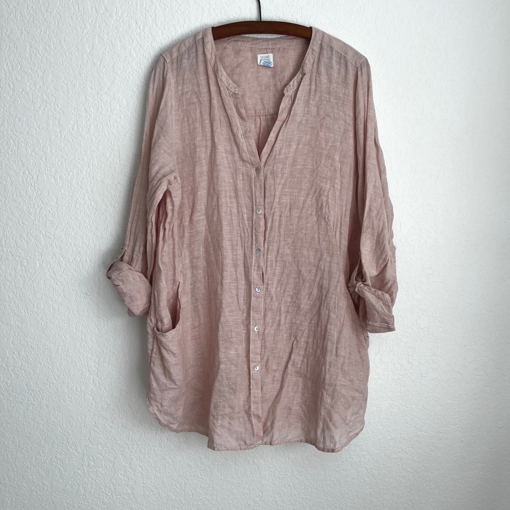 Sigrid Olsen 100% Linen Button Down Tunic Shirt Dress Pink Dusty Rose XL Comfort